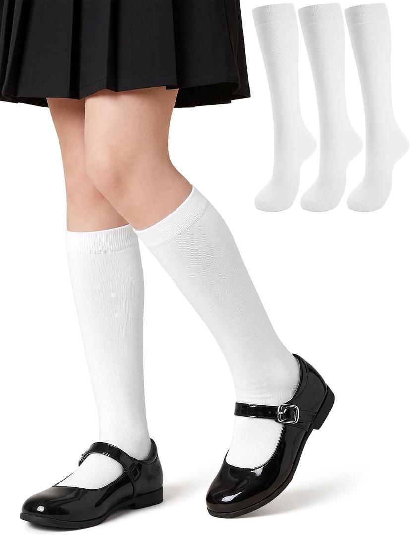3 Pairs Kids Girls Knee High Socks Cotton Uniform School Dress Socks Seamless Toe (White)