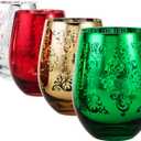 MyGift 4 Piece Stemless Glassware Set, Multicolor Wine Glasses with Etched Baroque Pattern in Mirror Plated Gold Silver Red Green Colors, 16 oz Capacity