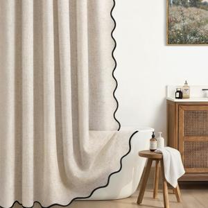 Linen Shower Curtain Beige Cute Black Scalloped Boho Modern Shower Curtains for Bathroom Set, 72" W x 72" L