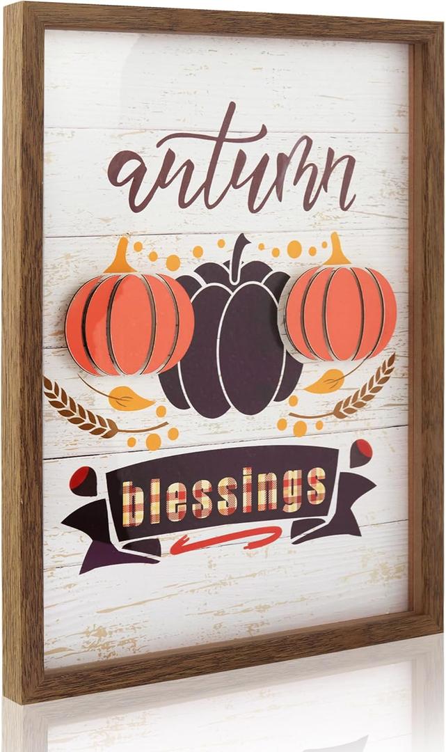 ArtbyHannah 3D Fall Wall Art, Thanksgiving Pictures Wall Decor with Autumn Pumpkin Prints Harvest Home Decorations for Living Room Kitchen Porch Entryway Bathroom (12x16 Inch)