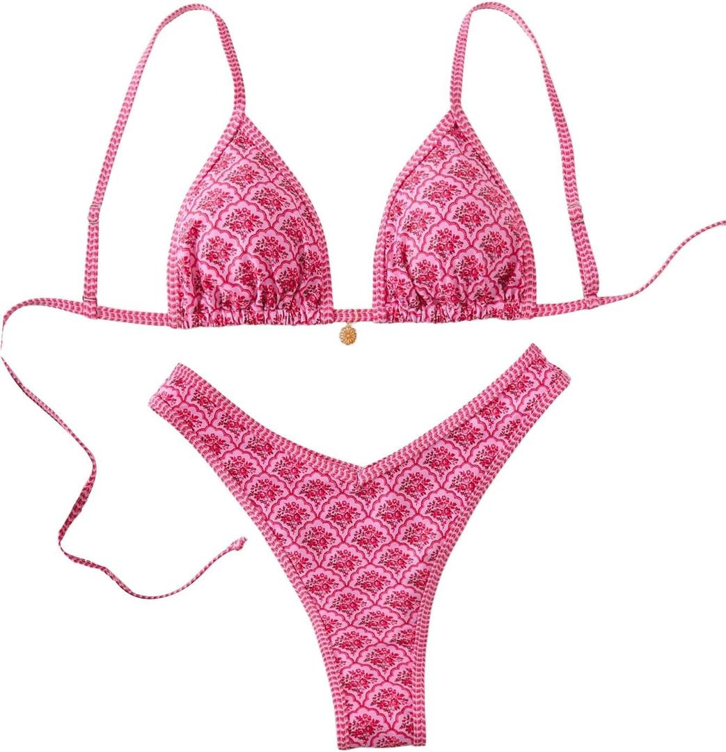 BEAUDRM Women's Triangle Thong Bikini Sets Y2k Floral Cute Bikinis String Swimsuits Bathing Suit, Small