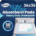 MILDPLUS Heavy Duty Underpad 36''x36'' 50 Count 125 Grams Extra Large Chucks Pads 3XL Disposable Bed Pads, Super Absorbent Incontinence Pads for Adults, Kids, Pee Pads (Blue)