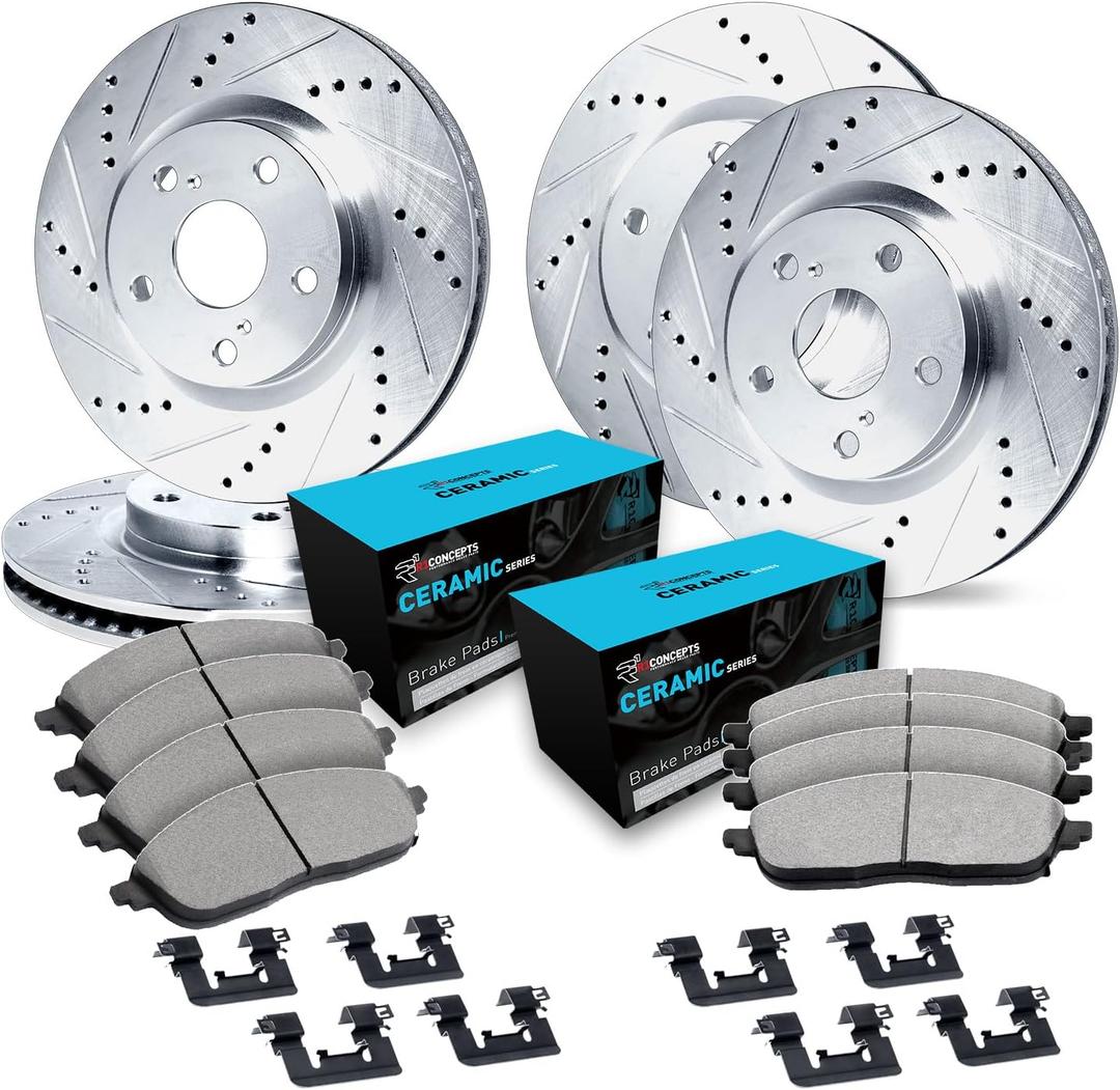 R1 Concepts Front and Rear Brake Kit For 2009-2023 Nissan Maxima| Drilled Slotted Brake Rotors| Ceramic Brake Pads and Rotors Kit| Hardware included