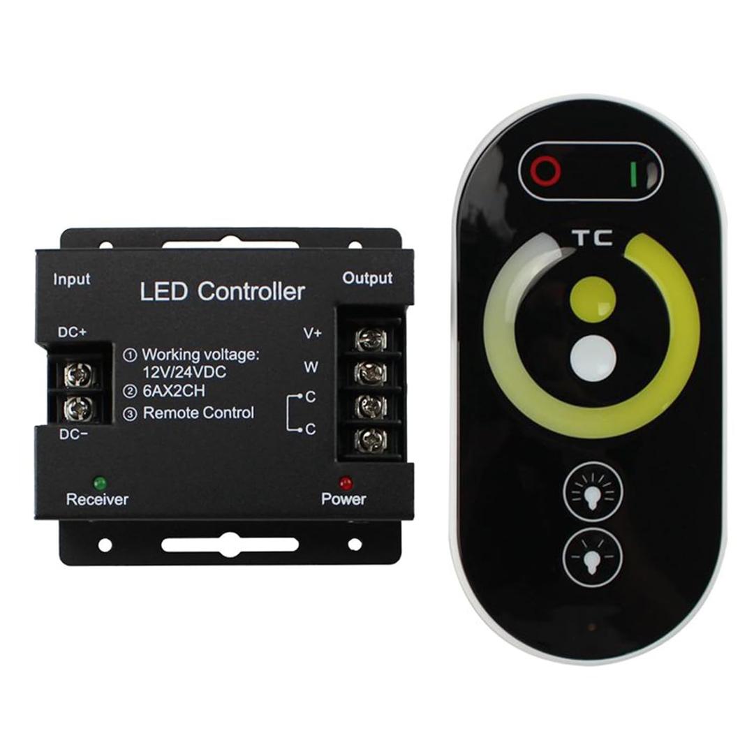 CCT LED Controller, Touch DC 12V-24V 12A RF Wireless Dimmer with Slide Remote Control, PWM Dimmable Brightness Adjust LED Strip Light Controller for CCT LED Strip Lights