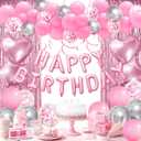 Pink Birthday Decorations, Happy Birthday Banner, Confetti Balloons, Fringe Curtain, Heart Star Foil Balloons, Hanging Swirls for Women Girls Princess Party Decorations
