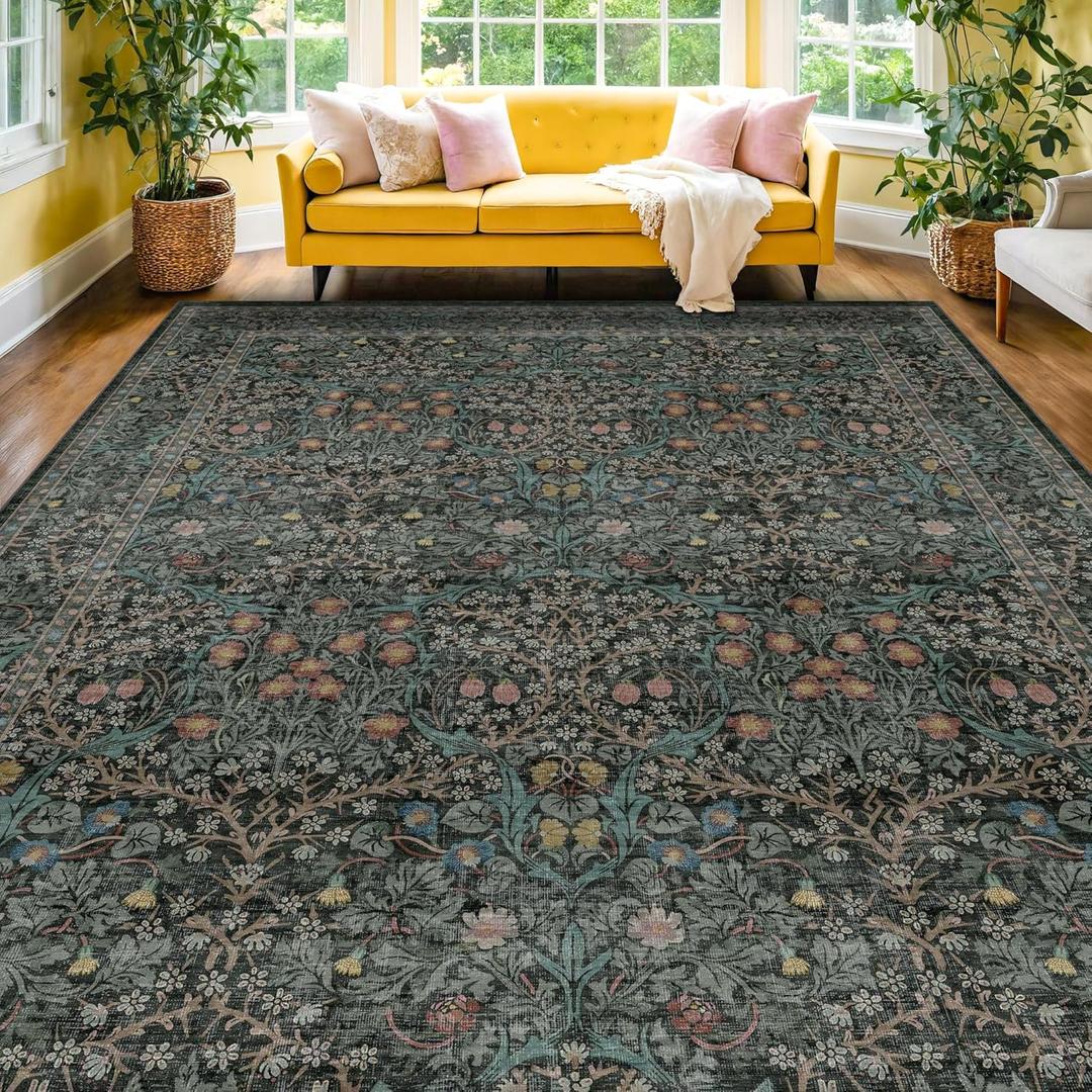 Vintage Dark Green Living Room Rug, 7x10 Washable Area Rugs for Dining Room Under Table, Bedroom, Oriental Low Pile Stain Resistant Non-Slip Thin Soft Carpet