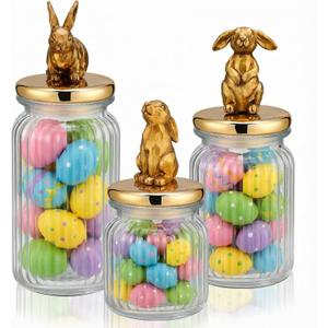 Mimorou 3 Set Easter Cookie Jar with Ceramic Bunny Lid 44oz 33oz 22oz Glass Candy Jar Food Storage Canister with Airtight Gold Lid for Easter Party Spring Tea Table Decoration