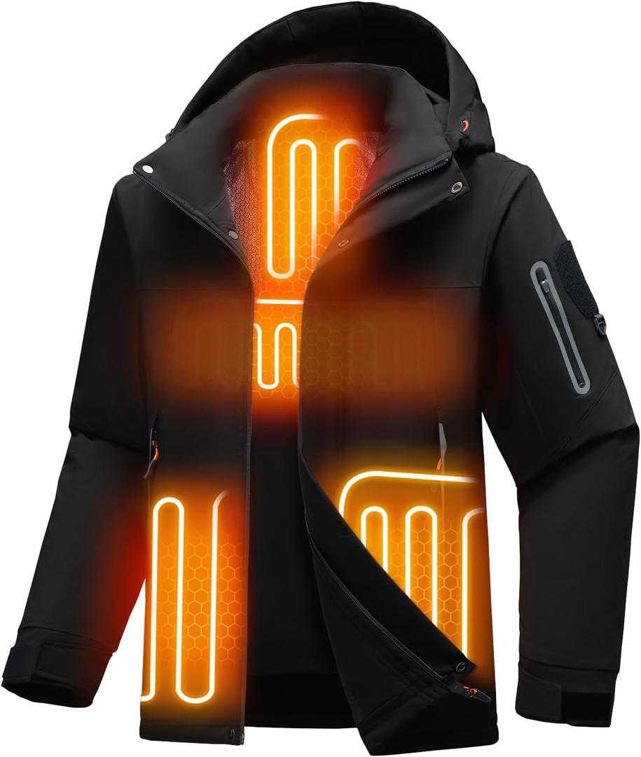 Jsslaik Men's Performance Insulated Jacket with 4D Smart Heating Windproof Waterproof Ski Mountaineering Coat Lightweight 1800g Fill and Graphene Lining Detachable Hood USB Heated （Black-S）