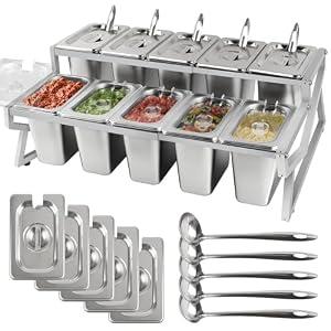 Kalolary Adjustable Stainless Steel Pizza Topping Storage Station (10 Pans)
2 Rows Condiment Containers with Lids Spoons Ice Food Serving Display Container Salad Bar Buffet Station for Home Kitchen