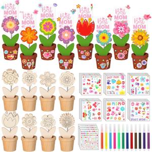 Soulchen 24 Pack Mother's Day Wood Flower Pot Craft Kits Spring Flower Craft Mothers Day Card Holder, Recipe or Picture Holder Kit DIY Unfinished Wooden Ornaments for Mom Home Decor Art Activities