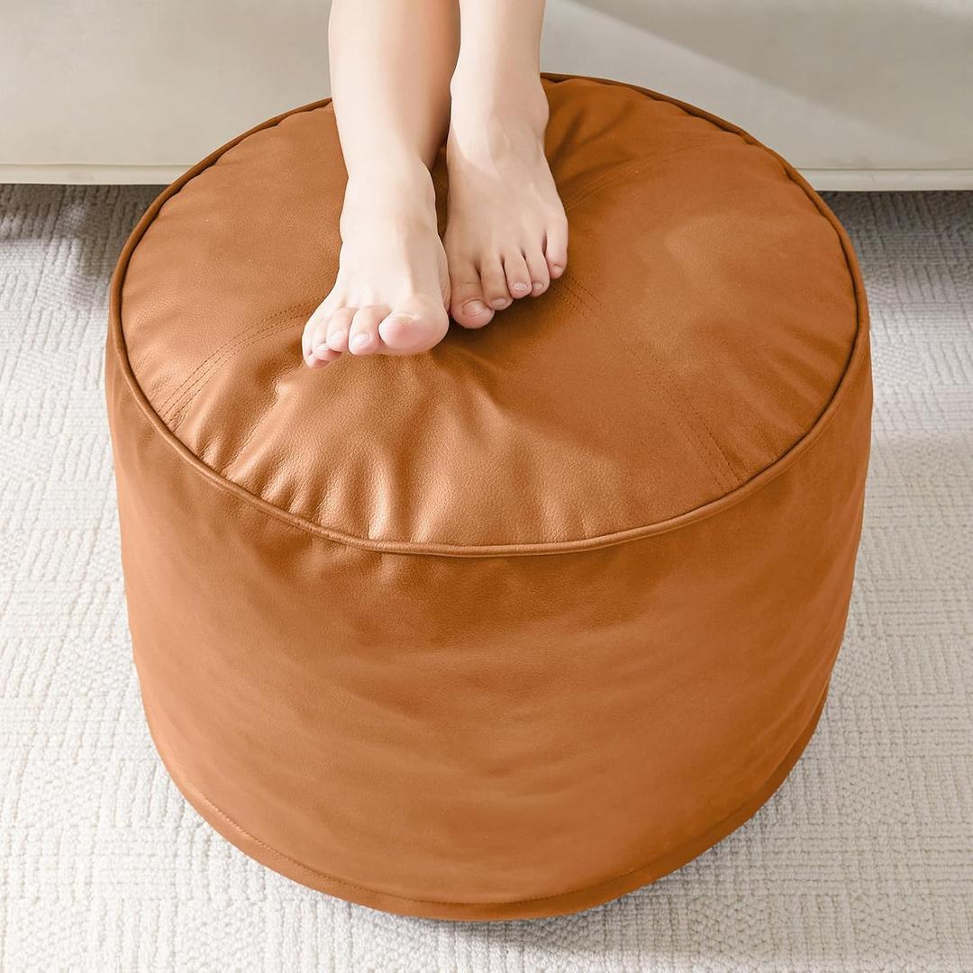 HIGOGOGO Round Stuffed Pouf Ottoman, Pu Leather Poufs with Foam Chunk Filling, Furry and Fluffy Pouf Foot Stool Storage Ottoman, 26 X 18 Floor Poufs Foot Rest for Living Room, Orange