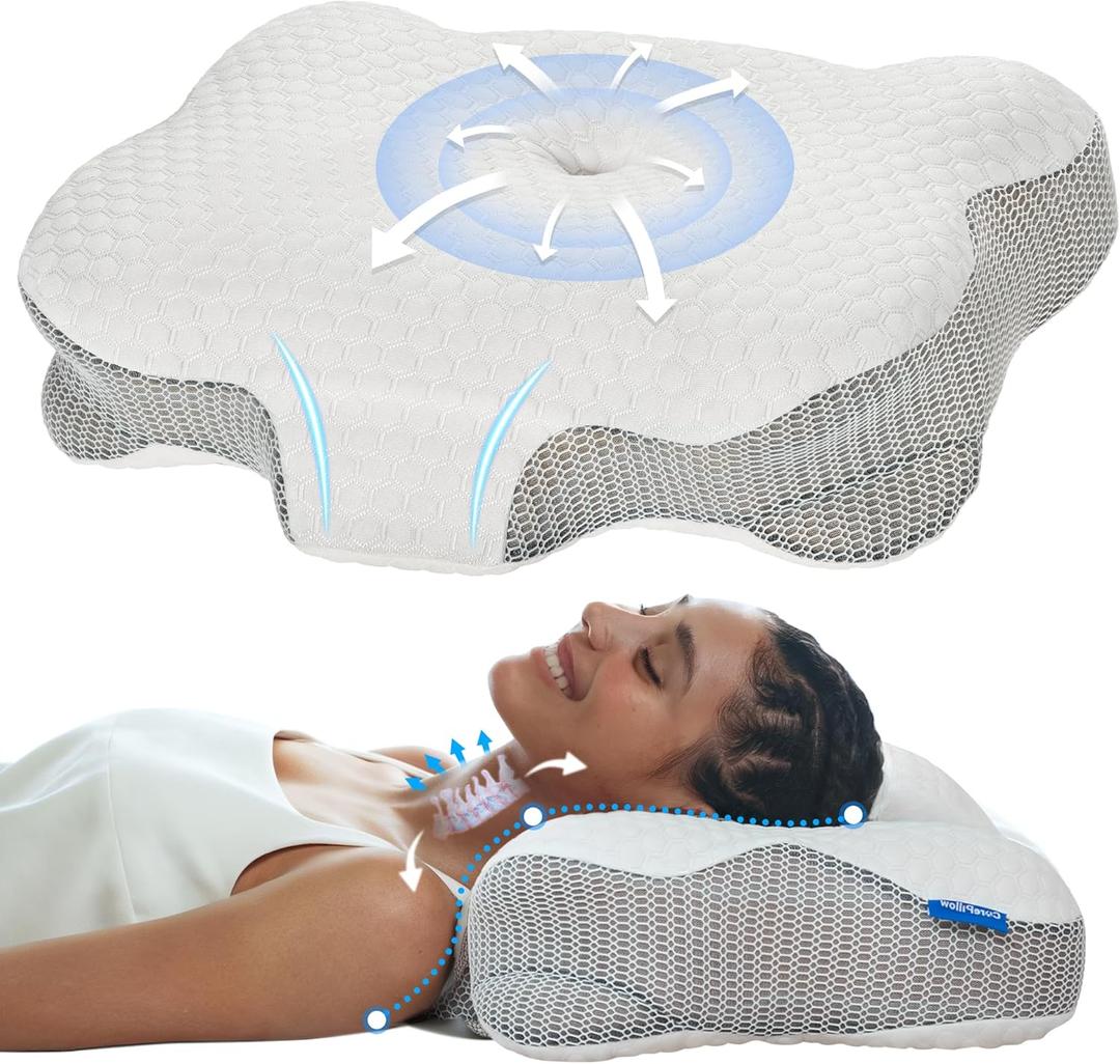 Cervical Neck Pillow for Pain Relief - Ergonomic Side Sleeper Pillows with Dual-Density Memory Foam, Orthopedic Neck Support Pillow for Sleeping, Cooling Pillow for Back Stomach Sleepers (Shell White)