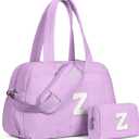 Gifts for Girls-Initial Duffle Bag, Carry On Bags for WomenOvernight Bag with Wet PocketLightweight Travel Bags Personalized Gym Tote with Makeup Pouch (Purple)