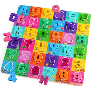 Wooden Alphabet Puzzles Ages 3-5, Alphabet and Number Puzzle with ABC Learning for Kids Ages 3 4 5, Preschool Learning Toys with Chunky ABC Puzzle Board for Girls Boys Kindergarten (Large Single Pack)