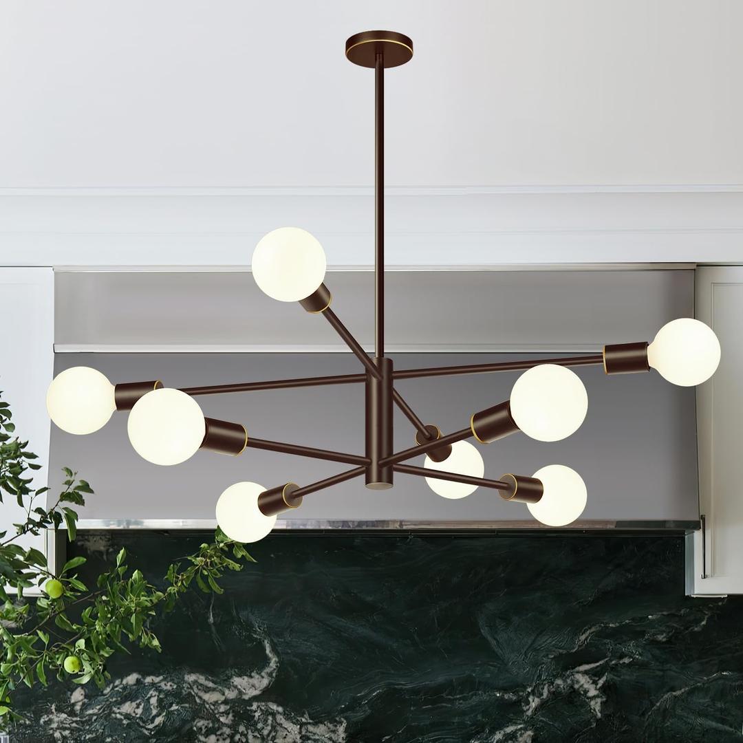 10.9"-52.3" Height Adjustable Modern Chandelier Ceiling Light Fixture, 8-Light Sputnik Chandeliers Brown and Gold Mid Century Chandelier Over Table, Chandeliers for Dining Room (Bulbs Not Included)