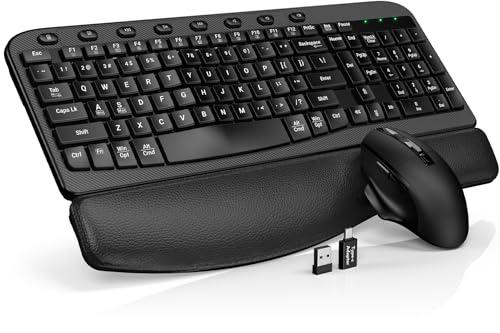 Wireless Keyboard and Mouse Combo – Ergonomic Wave Key, Built-in Leather Soft Palm Rest, 2.4G Full Size, 8 Hotkeys, 6-Button Mouse with 4-Level DPI, Dual USB-A/USB-C, Windows & macOS Compatible, Modern Black