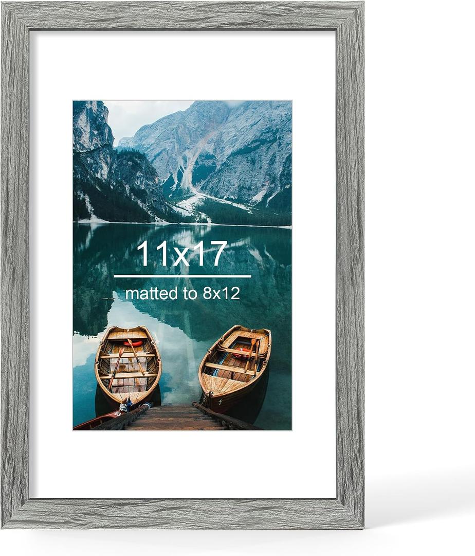 Hongkee 11x17 Frame, Rustic Grey Wood Style - Display 8 x 12 Picture with Mat or 11x17 Poster without Mat, Wall Mounting Horizontal and Vertical, 1 Pack