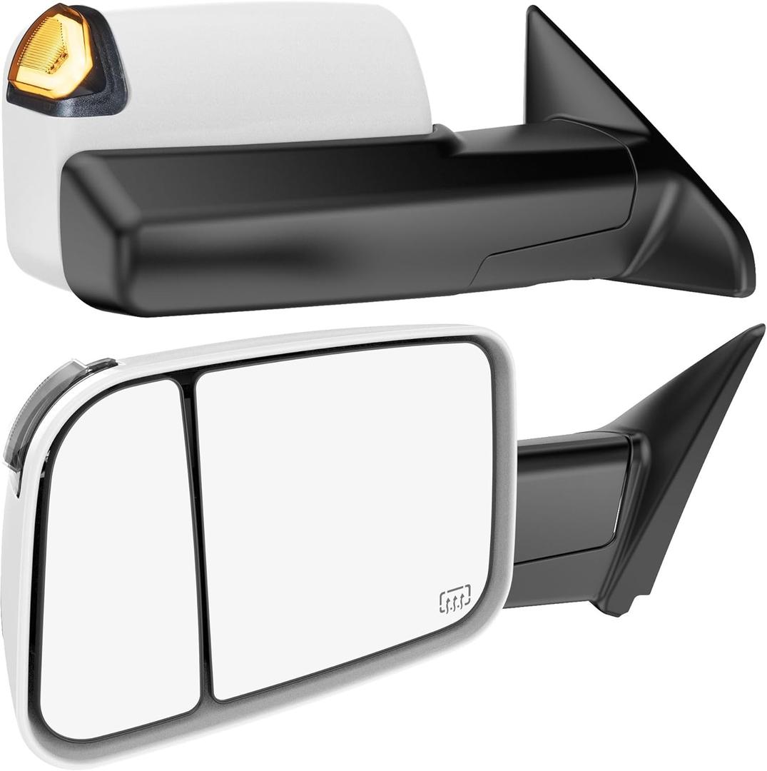 Switchback Signal Tow Mirrors Compatible with Dodge Ram 1500(2009-2018) 2500 3500(2010-2018), Power Heated Flip Up Extended Trailer Towing Side Mirrors w/Puddle Light, Smoked Lens White Housing