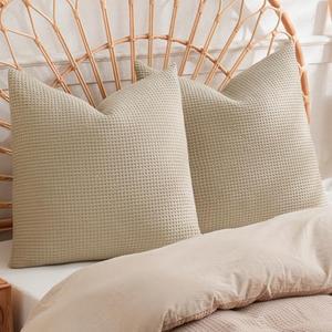 PHF 100% Cotton Waffle Weave Euro Shams 26" x 26", No Filling, 2 Pack Elegant Home Decorative Euro Throw Pillow Covers for Bed Couch Sofa, Khaki