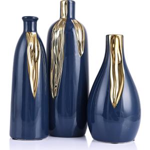 Blue and Gold Vase Set of 3, Modern Ceramic Decorative Vases for Living Room, Bedroom, Art Decor, Mantle, Home Event Decor, Office Decorative, Weddings, Rustic & Farmhouse (Blue Gold)