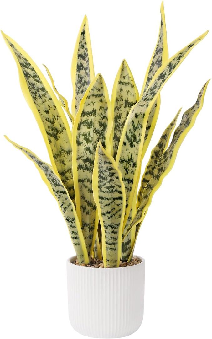 Artificial Realistic Snake Plant 21.5" with White Pot | Fake Sansevieria Greenery Plants Faux Snake Plant for Home Office Living Room Housewarming Gifts Indoor Decor-LightYellow