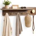 Coat Rack Wall Mount with Shelf, Solid Wood, 5 Brass Hooks, Brown