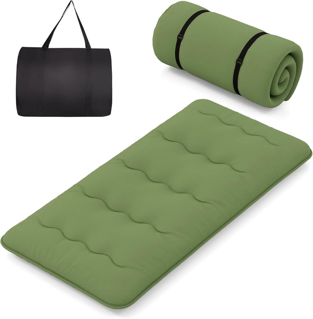 Byroce Futon Mattress, Roll-up Sleeping Cot w/Washable Cover, Portable Cotton Pad w/Bag for Camping, 4" Thick Tatami Mat, Japanese Floor Mattress for School, Home, Car(Green,Twin)