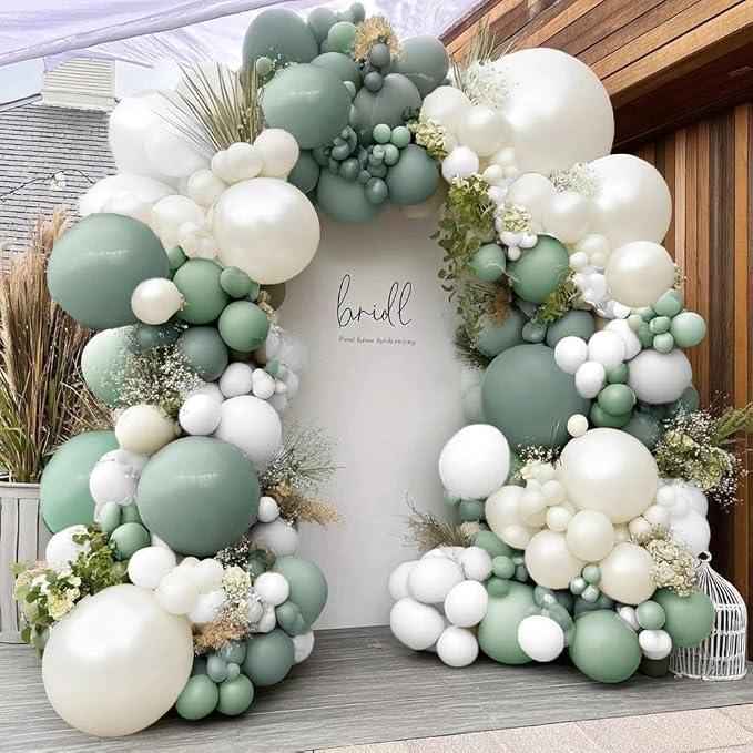 Sage Green White Balloon Garland Double Stuffed Dusty Green White Pearl Balloons Olive Pastel Balloon Arch Kit for Baby Shower Bridal Shower Birthday Baptism Graduation Party Decorations