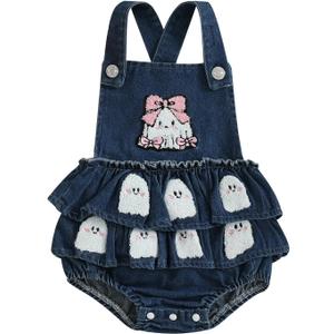 Newborn Baby Girl Halloween Outfit Pumpkin/Ghost Print Sleeveless Denim Romper Ruffled Overalls Cute Fall Clothes (6-12 Months)