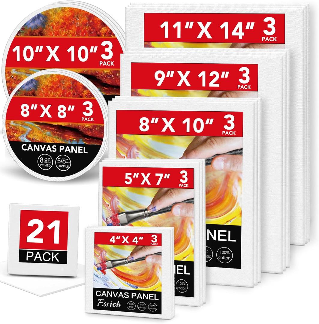 ESRICH Canvas Boards for Painting-21 Pack Blank Canvas Boards-4x4, 5x7, 8x10, 9x12, 11x14, Round Canvas D8, D10, Cotton Primed Canvas Panels, Painting Canvas for Oil, Acrylic, Watercolor.