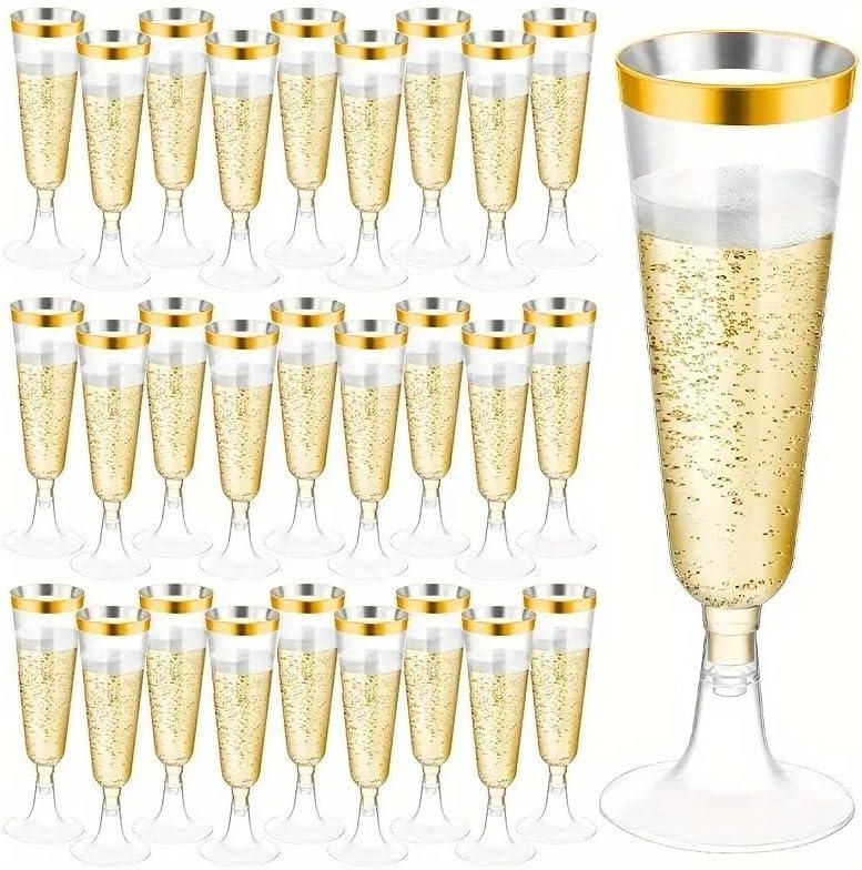 50 Pack Plastic Champagne Flutes 5.5oz Clear Gold Rim Disposable Suitable for Wedding, Birthday Party, Thanksgiving Day, Christmas Supplies