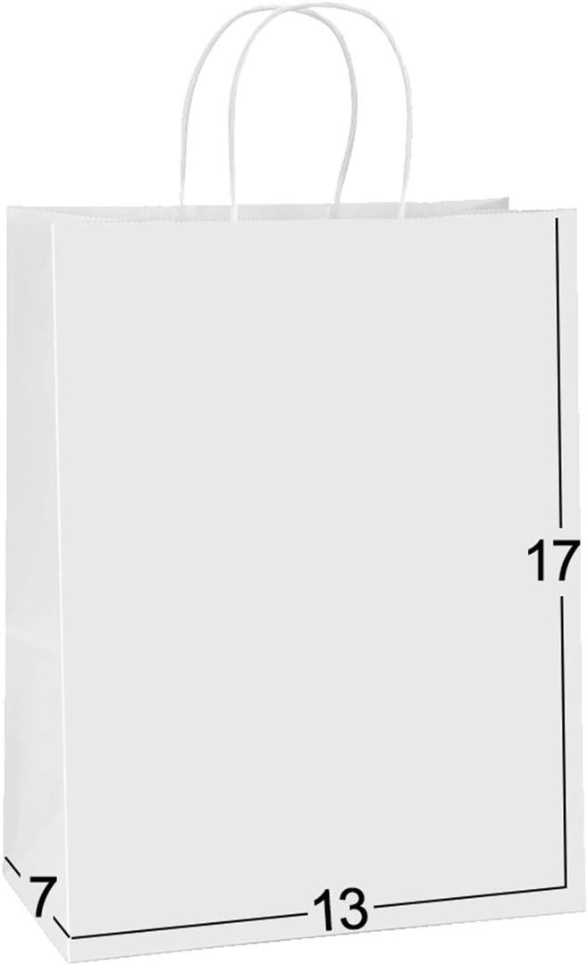 BagDream Kraft Paper Bags 13x7x17 50Pcs White Gift Bags with Handles Bulk Large for Shopping, Party Favors, Retail, Merchandise, Grocery Recyclable Paper Sacks