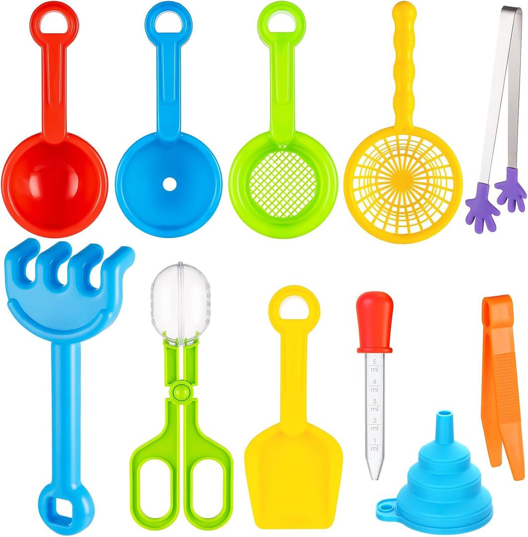 11 Pieces Sensory Bin Filler, Fine Motor Skills Handy Toys Set with 5 Scoops, Tweezers, Mini Silicone Tong, Scissors Clip, Dropper, Beach Shovels, Funnel, Sensory Bin Accessories Tools