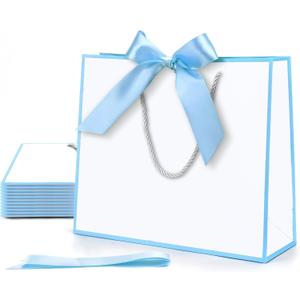 MOXARYSU Gift Bags With Handles: 11.8x4x10 Inch 24pcs Medium Large With Bow Ribbon For Wedding Thanks Bridesmaid Birthday Party (White-Light Blue