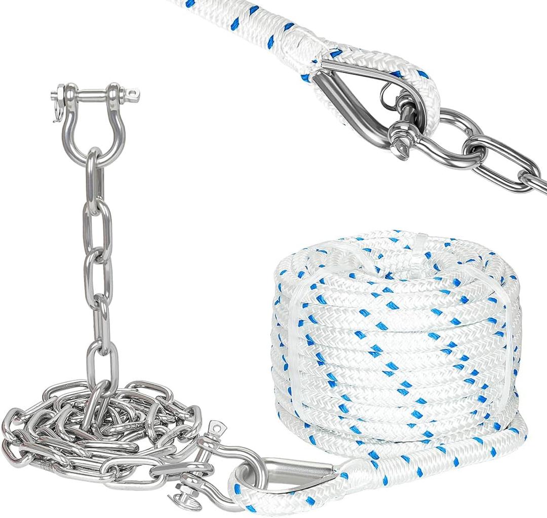 5/8" Boat Anchor Rope 100 FT with 316 Stainless Steel Chain 5/16" x 6 FT, 5/16" Bow Shackles and 5/8" Thimble, Anchor Rode for Mooring, Boats Pontoon, Deck, Fishing, Sail