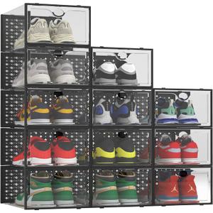 Pinkpum 12 Pack XXL Shoe Storage Box Fit for Size 14, Clear Plastic Stackable Shoe Organizer for Closet, Shoe Containers Sneaker Storage Clear and Black