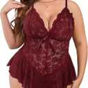 Avidlove Plus Size Lingerie for Women Lace Bodysuit One Piece Teddy Babydoll Mesh Chemise V Neck Sleepwear XL (Burgundy)
