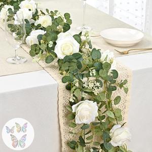 Yastouay 6.6 Ft White Flower Garland with 3D Butterfly, Artificial Eucalyptus Garland with Flowers Fake Rose Vine for Table Centerpiece Wedding Arch Baby Shower Party Room Backdrop Decor
