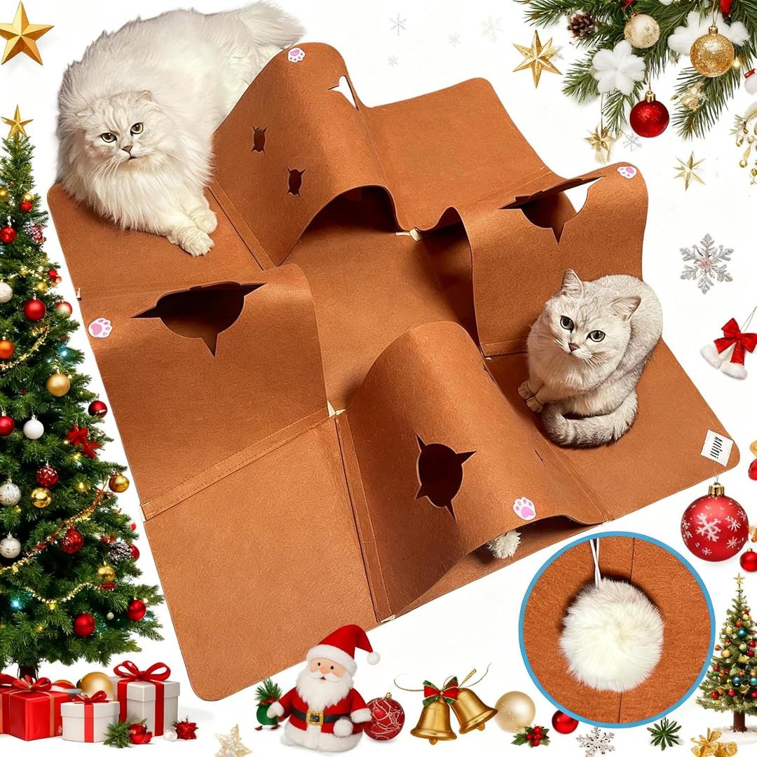 Interactive Cat Tunnel Mat for Indoor Cats, 4-Way Felt Cat Cave with Hanging Ball, Foldable Kitty Play Mat and Hideout, Pet Enrichment Toy for Kittens, Rabbits, Small Pets (Brown)