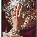 Retro Disco Ball Canvas Wall Art Victorian Funky Woman Fashion Girl Wall Decor Pictures Vintage Hand With Pearl Bracelets painting Posters Prints for Living Room kitchen bathroom Bedroom Decoration (10"L x 8"W)