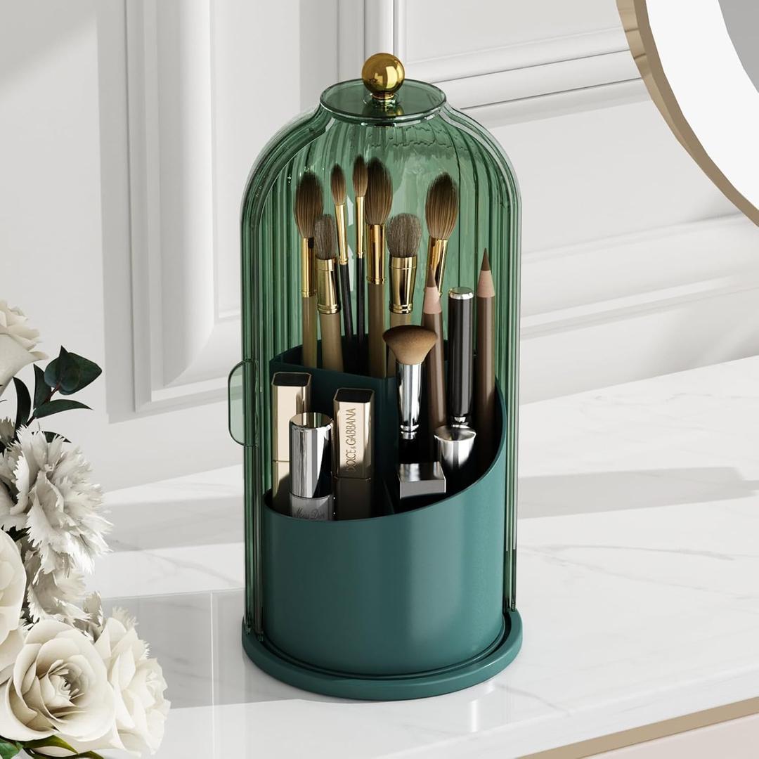 Makeup Brush Holder with Lid Cosmetic Tools Organizer 360 Rotating Waterproof Dustproof Beauty Brushes Storage for Vanity, White Malachite green