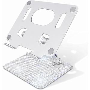 Bling Tablet Holder Stand, Adjustable Aluminum Desktop Stand with Glitter Shine Rhinestone, Compatible with 4.7-16.5" iPads, Surface Tablets, Portable Monitors, Kindle & More(Silver)