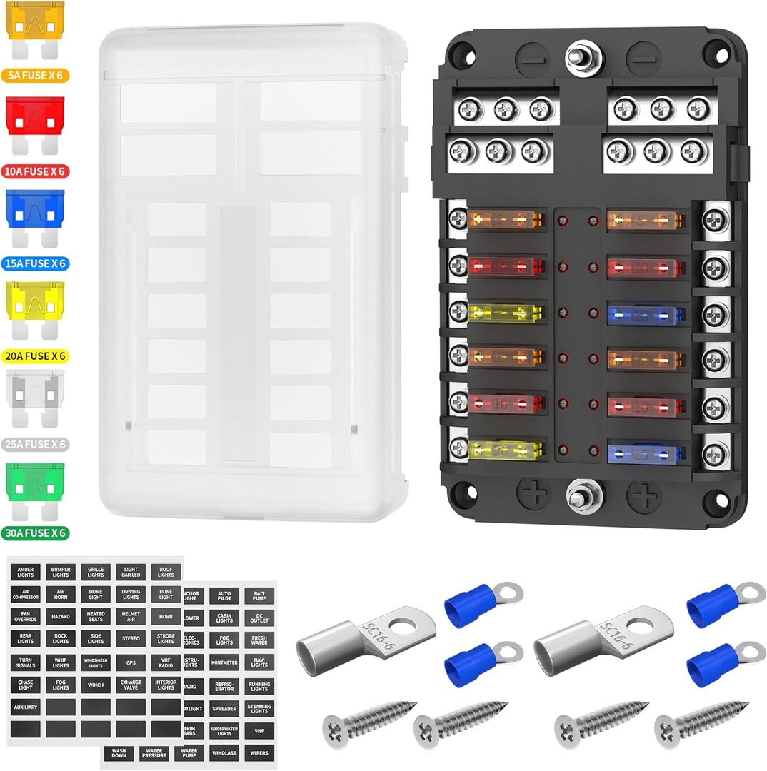 DaierTek 12 Way Fuse Block, 12 Volt Blade Fuse Block with LED Indicator 12 Circuit Fuse Box 12V ATO/ATC Marine Fuse Panel 24V with Waterproof Cover Fuse Terminals for Automotive Boat Car RV