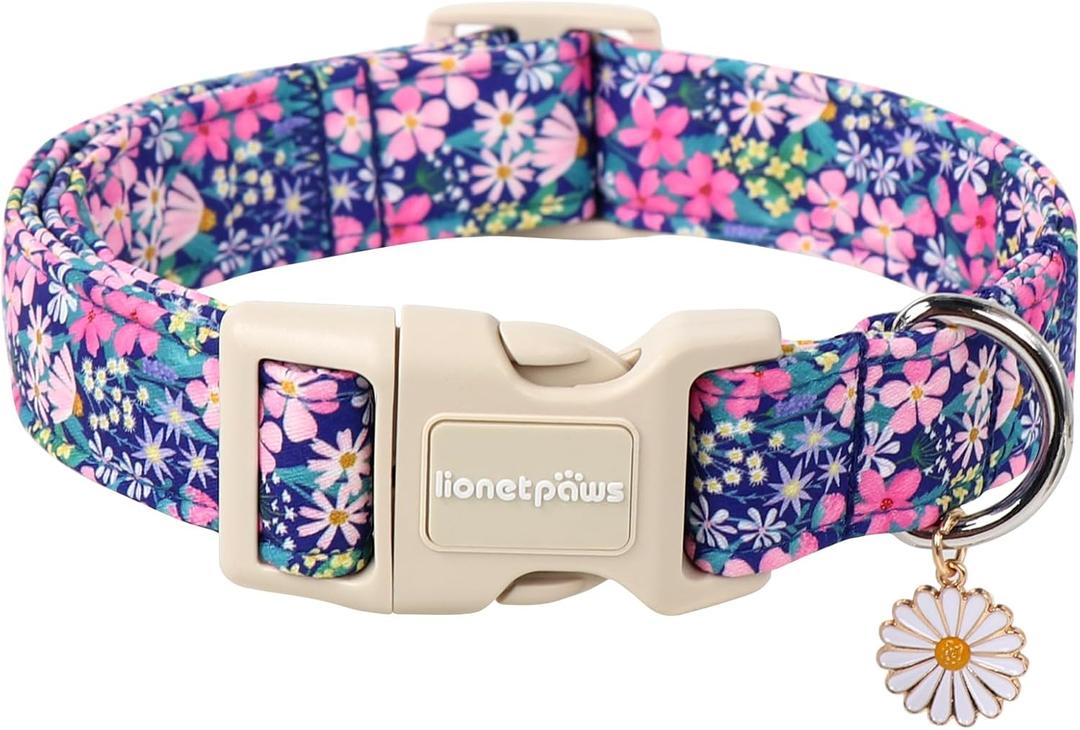 Lionet Paws Floral Dog Collar- Cute Spring Wildflowers Daisy Fleabane Dog Collars with Plastic Buckle,Light Adjustable Dog Collars for Medium Large Dogs (Large (Pack of 1), Blossoms)