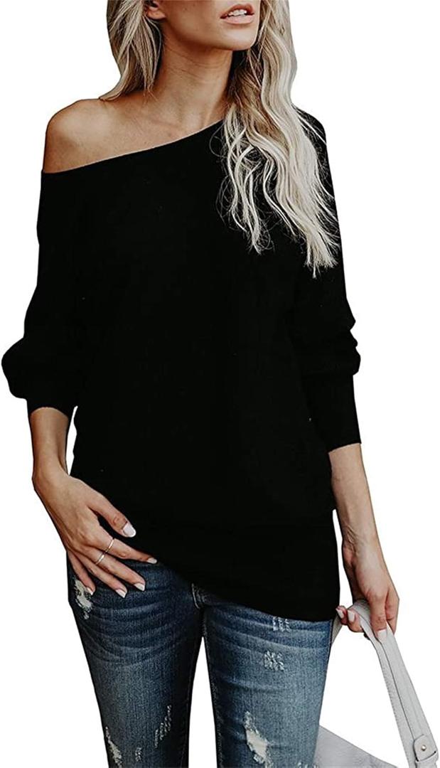 UMEKO Womens Off The Shoulder Sweater Oversized Knit Long Sleeve Sweaters Tunic Tops (Large, Black)