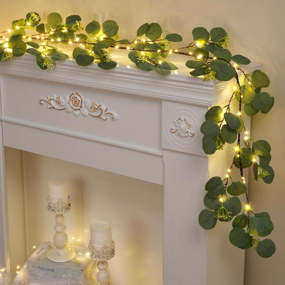 Waipfaru Christmas Decoration Indoor - 6FT Eucalyptus Garland with Timer, Artificial Christmas Greenery Cedar Tree Garland for Mantle Fireplace Outdoor Xmas Decor (Eucalyptus)