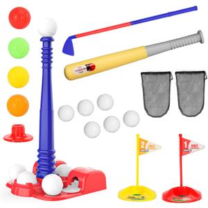 SMILESSKIDDO T-Ball Set and Golf Clubs for Kids 3-5 - 2 in 1 Tee Ball & Glof Playsets, Indoor & Outdoor Sports Toys | Gifts for Toddlers Age 1-3 2-4 3-5 4-6 5-8 Year Old Boys and Girls Kid