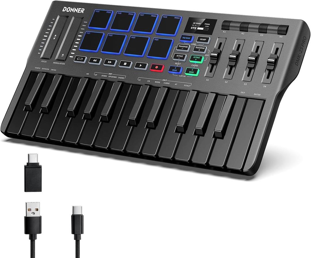 USB MIDI Keyboard Controller, 25 Key Portable MIDI with 8 Backlit Drum, OLED Screen Display for PC/MAC, Music Production Software Included, Donner DMK25 Pros with 40 Free Courses, Black