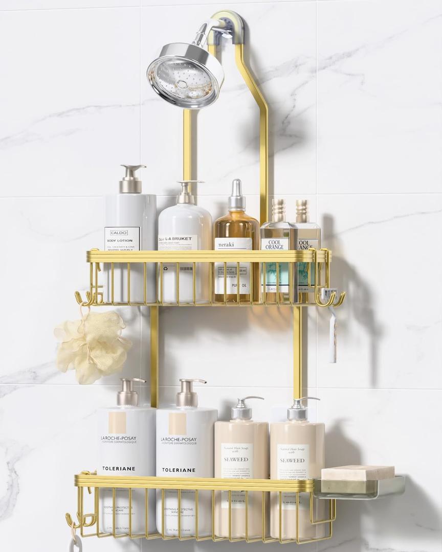 YASONIC Shower Caddy Hanging, Never Rust Shower Organizer Hanging, Aluminum Shower Racks for Inside Shower with Hooks for Razor, Bathroom Organizers and Storage with Soap Holder, Gold