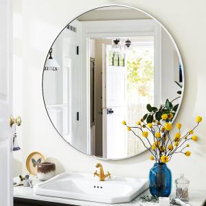 Silver Round Bathroom Mirror, 24 inch Circle Wall Mounted Hanging Mirror with Simple Modern Circular Metal Frame for Hallway, Entryway, Living Room, Silver Frame